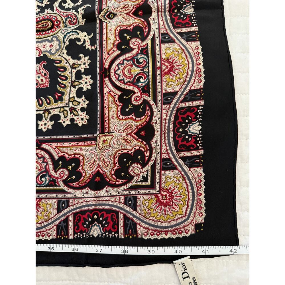 Vintage Christian Dior Scarf Womens One Size Black Silk Paisley Square Logo - Picture 5 of 9